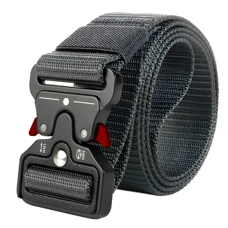 Grey tactical belt with red accents on the buckle