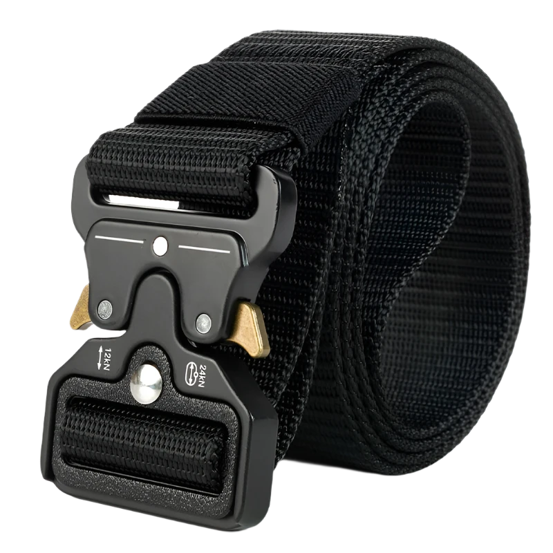 Black nylon tactical belt with metal quick-release buckle