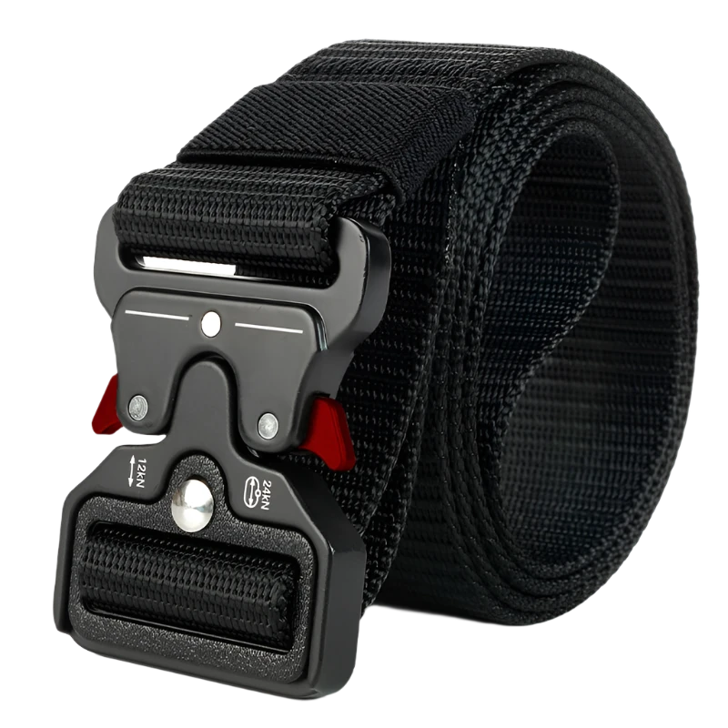 Black nylon tactical belt with red buckle accents