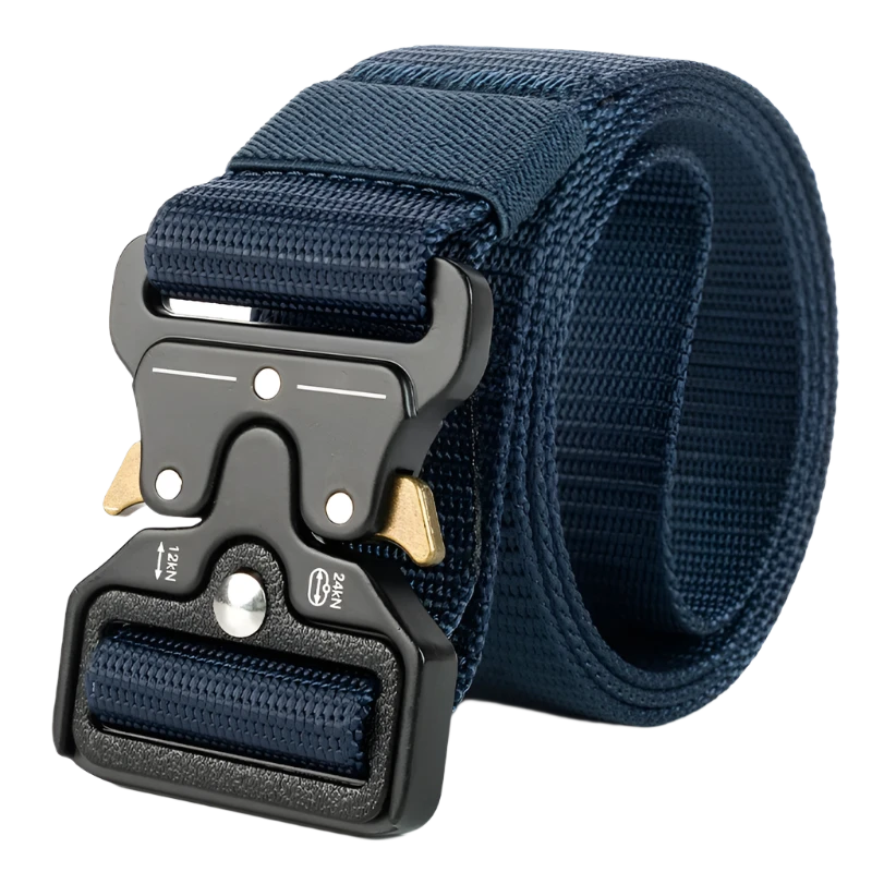 Blue nylon tactical belt with metal quick-release buckle