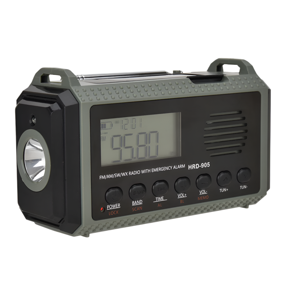Notfallradio mit Taschenlampe und LCD-Display von vorne