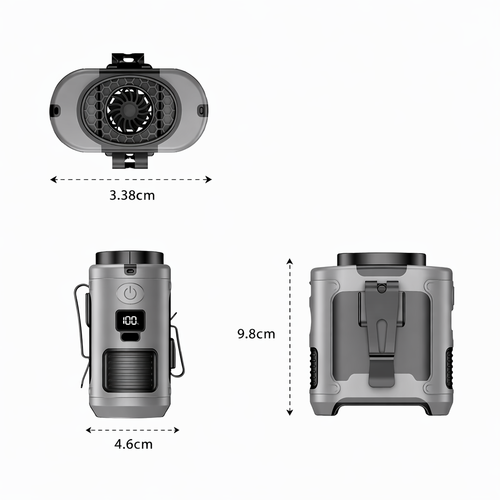 Tragbarer Ventilator mit Maßen von vorne und seitlich