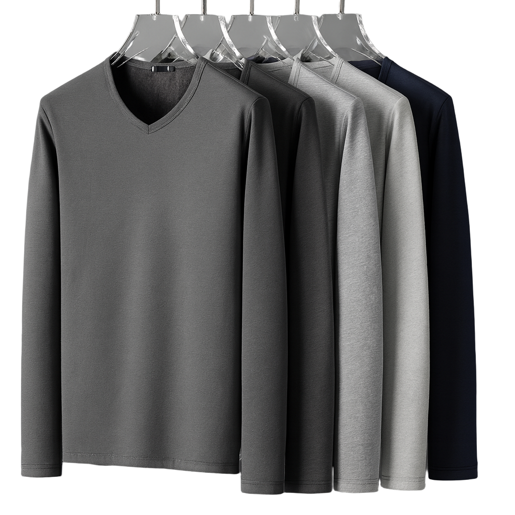 Herren-Thermoshirts in allen fünf Farben auf Bügeln