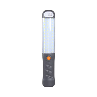 Grijze oplaadbare LED-werklamp met oranje aan-uitknop, rechtop