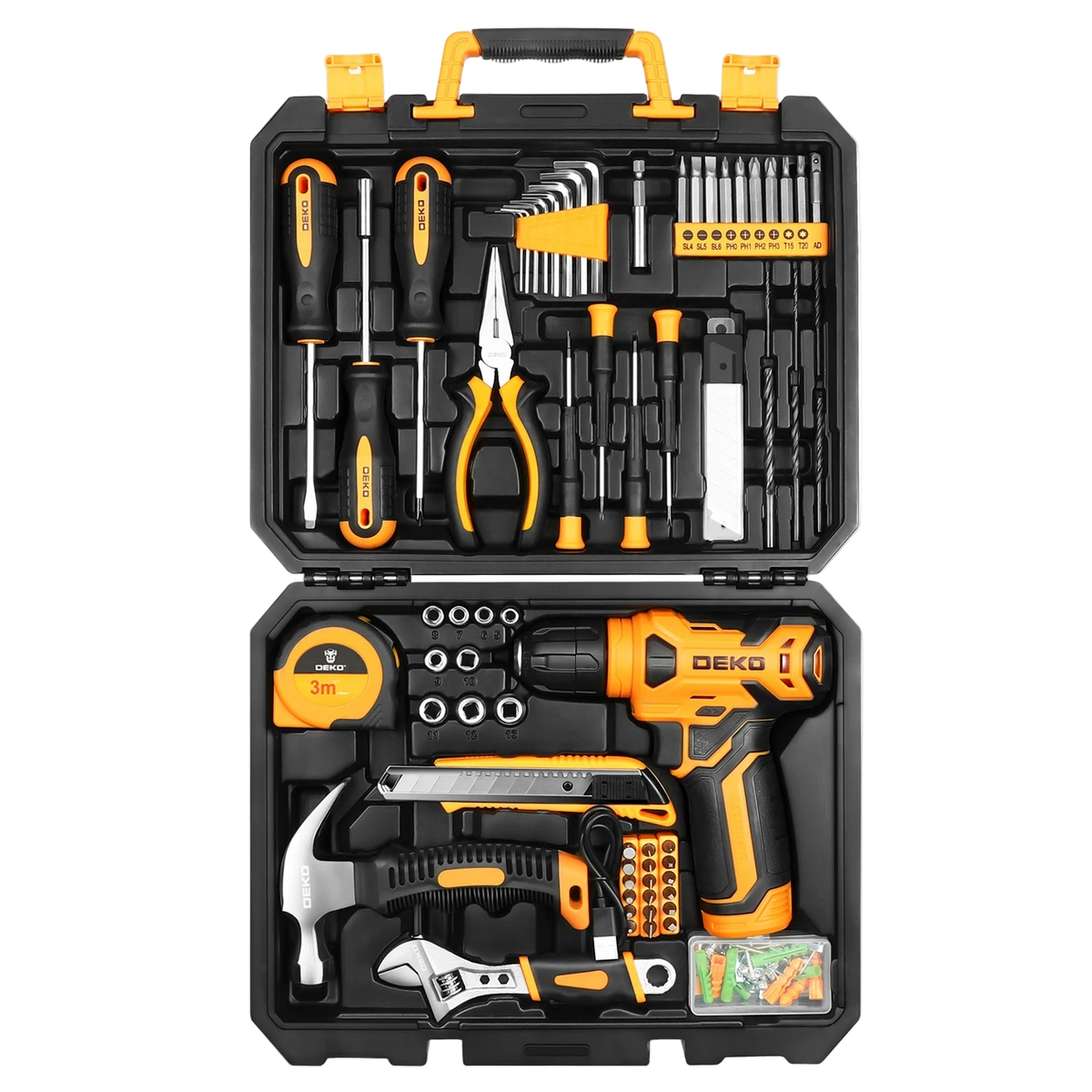 Geöffneter DEKO-Werkzeugkoffer mit Bohrmaschine und Handwerkzeug