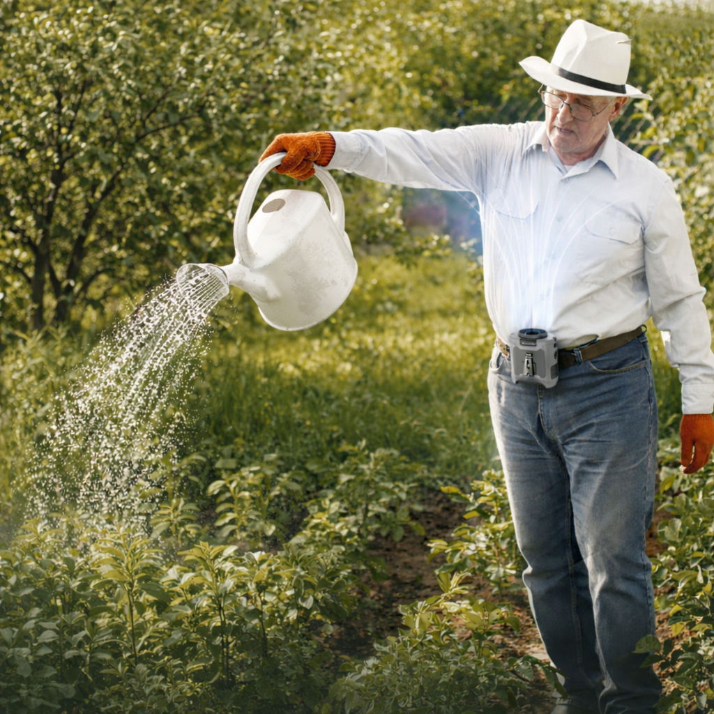 Mann nutzt den tragbaren Ventilator am Gürtel bei der Gartenarbeit