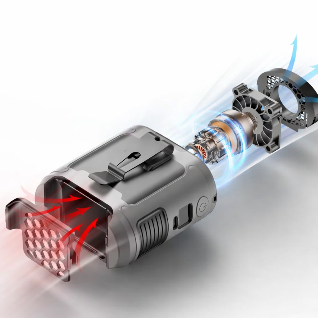 Turbinenmotor und Akku im tragbaren Ventilator