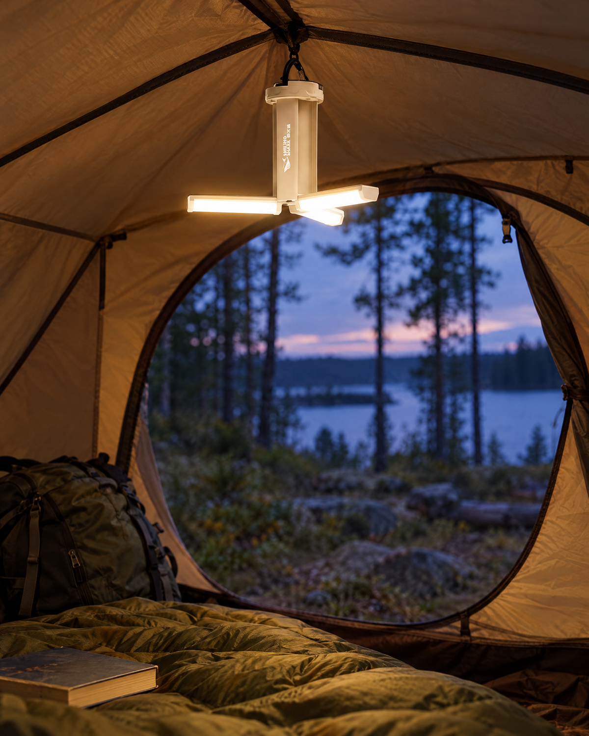 Kampeerlamp hangend in een tent bij schemering, met uitzicht op een meer en bos