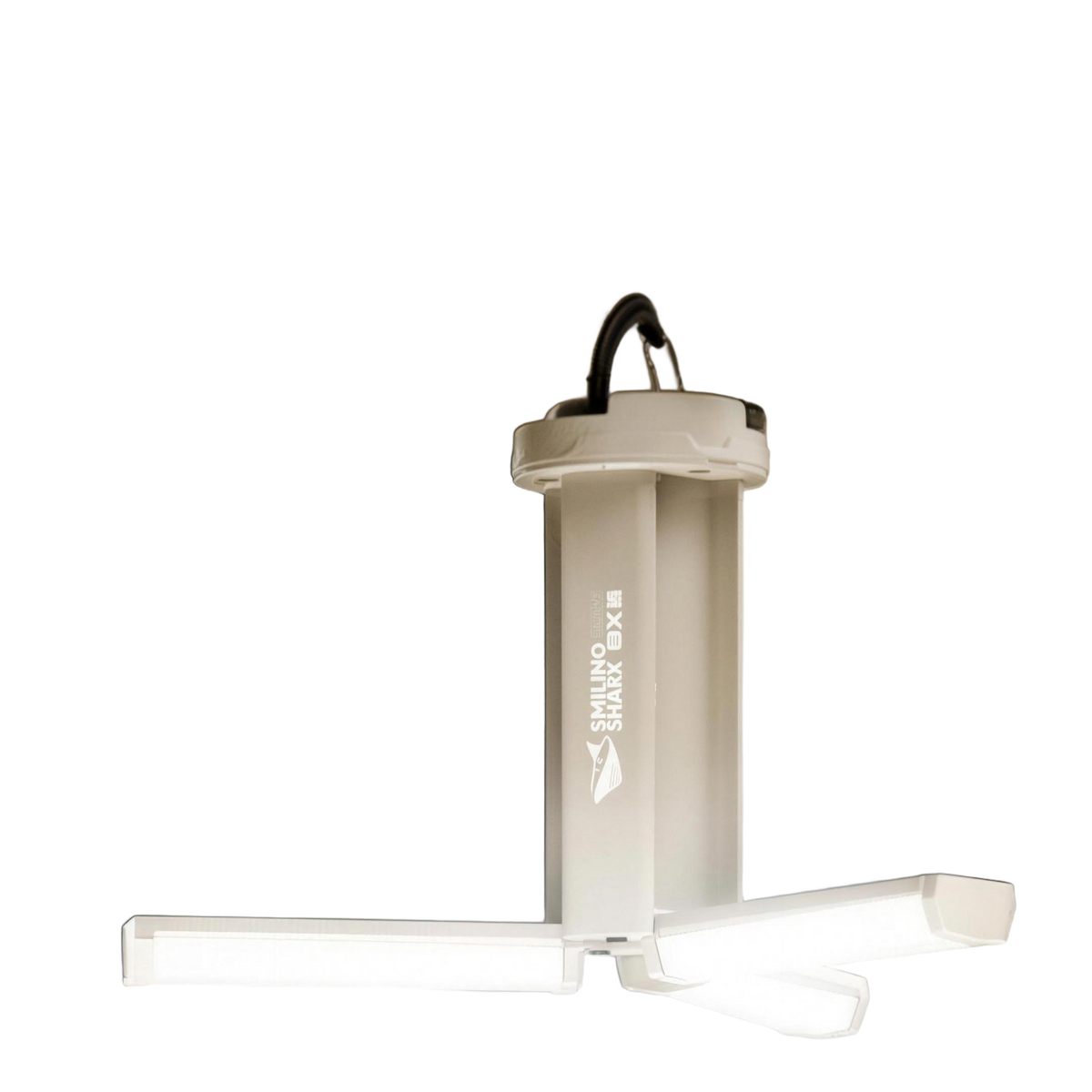 Oplaadbare kampeerlamp met drie uitgeklapte lichtarmen en zwarte ophanghaak