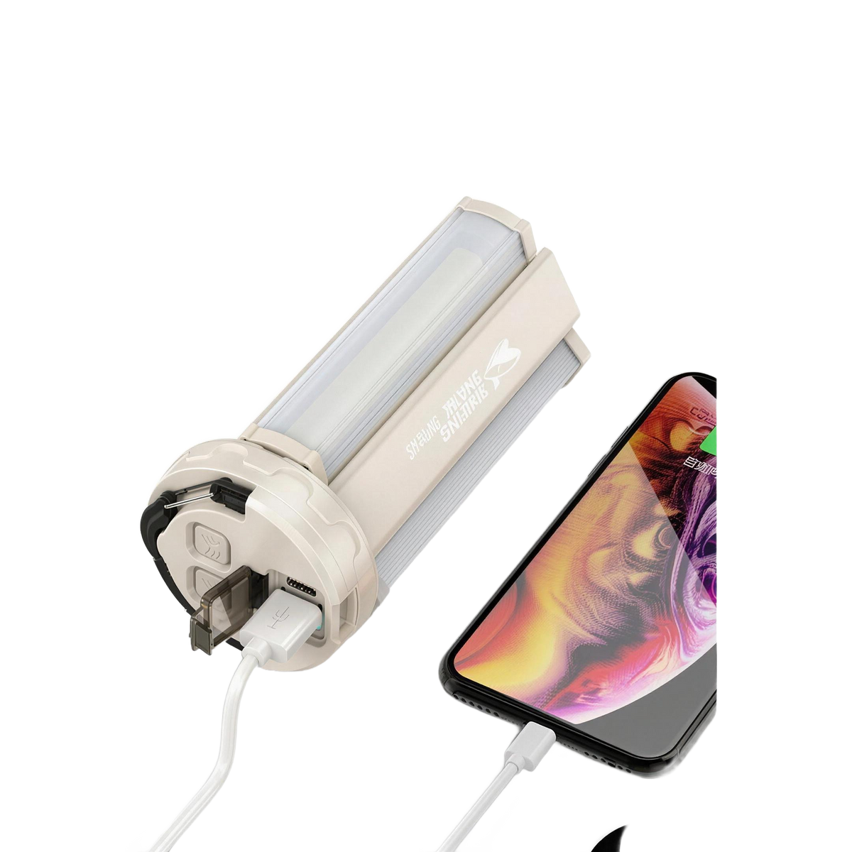 Kampeerlamp met USB-kabel aangesloten op een smartphone