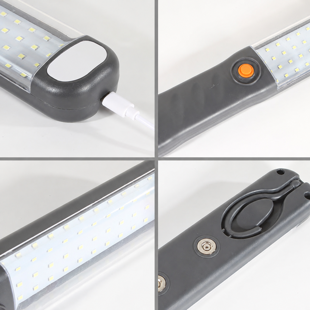 Details van de werklamp: USB-aansluiting, knop, ledstrip en haak achterop