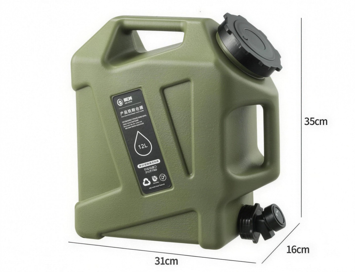 Legergroene waterjerrycan 12 liter, model jerrycan, 31 × 16 × 35 cm