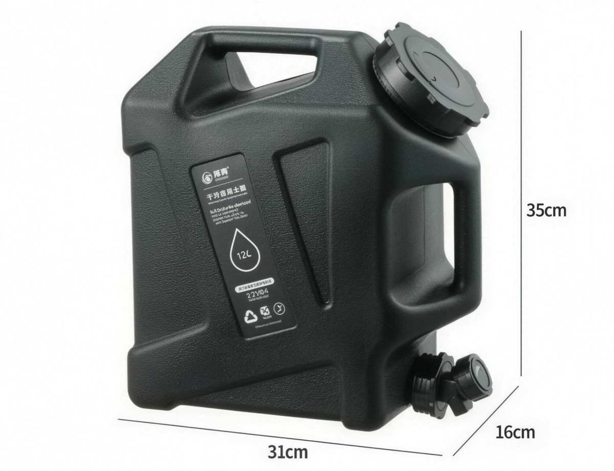 Zwarte waterjerrycan 12 liter, model jerrycan, 31 × 16 × 35 cm