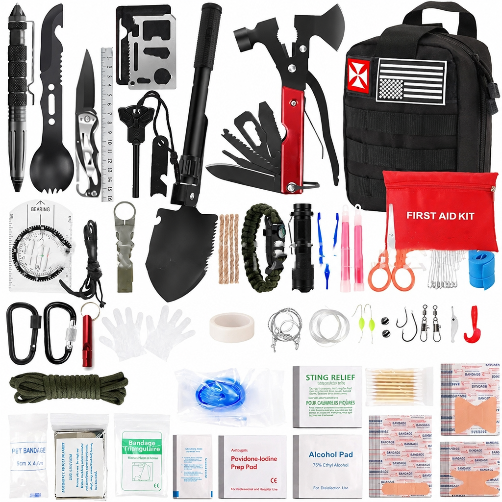 Survivalkit met MOLLE-tas, EHBO-set, klapschep, multitool, zakmes, kompas, zaklamp en nooddeken