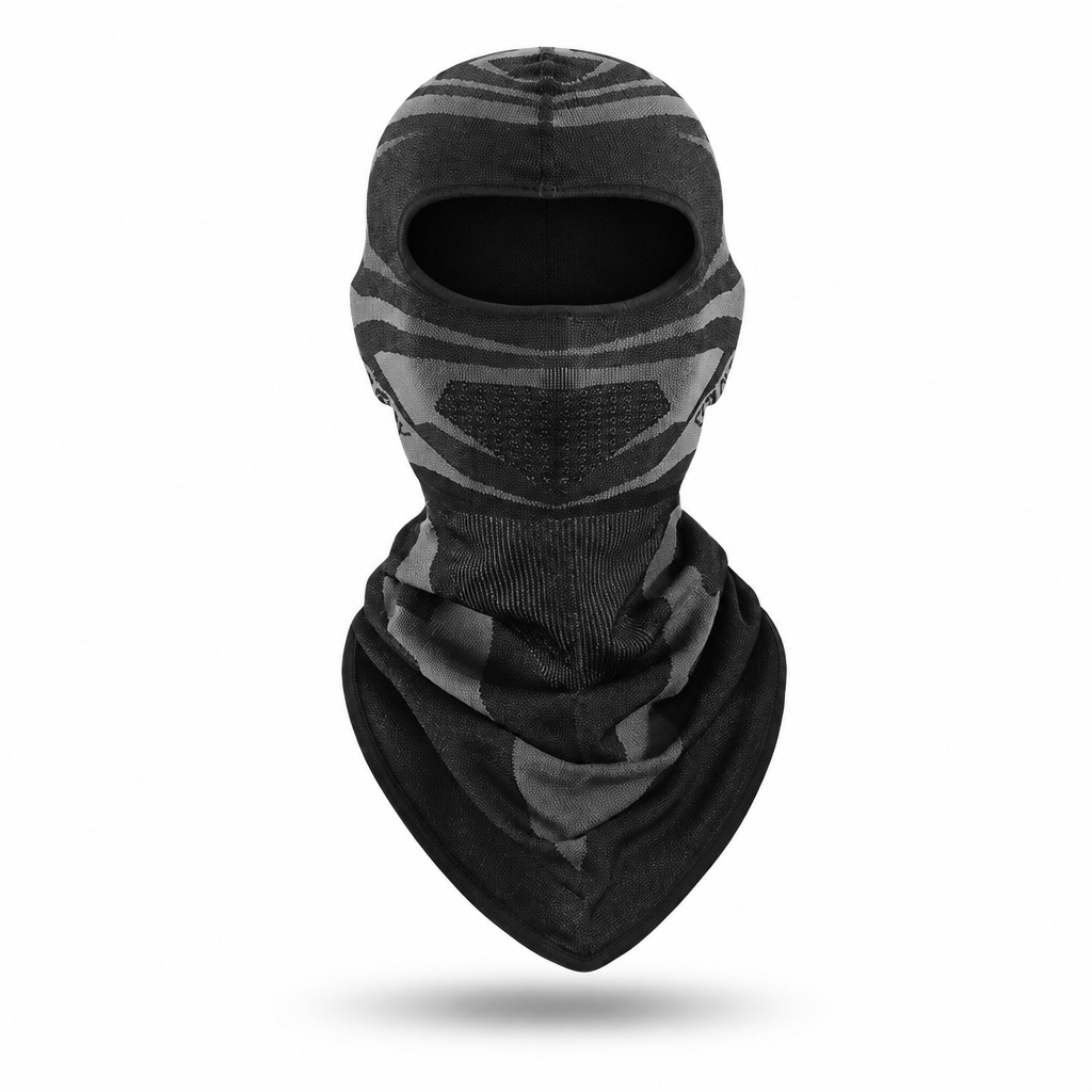 Lange warme balaclava in zwart en grijs met nekstuk