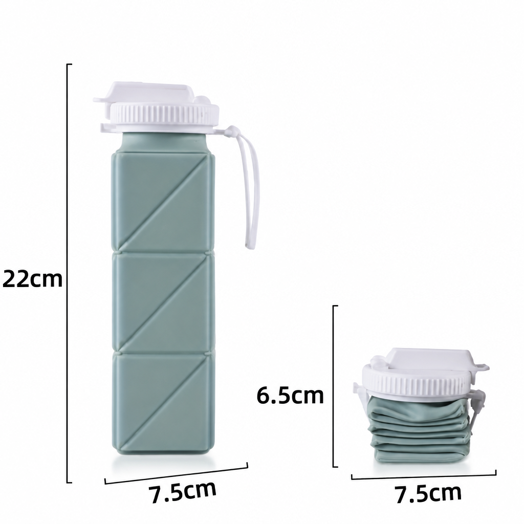 Opvouwbare drinkfles met afmetingen: 22 cm hoog, 7,5 cm breed, ingeklapt 6,5 cm