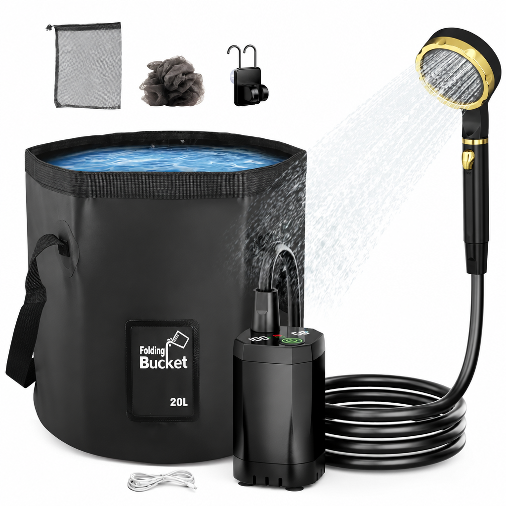 Campingdouche met opvouwbare emmer van 20 liter, oplaadbare pomp, slang en douchekop