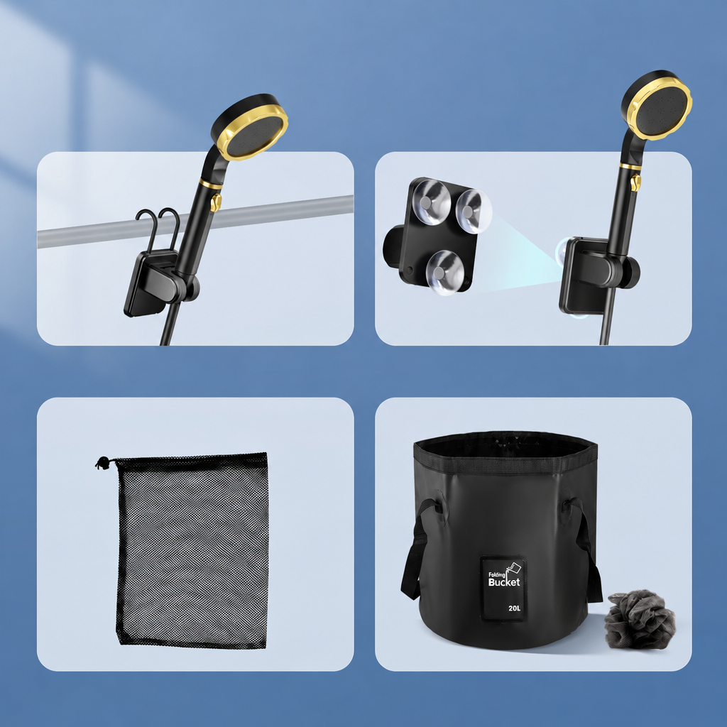 Accessoires van de campingdouche: haak, zuignaphouder, opbergnet en emmer met badspons