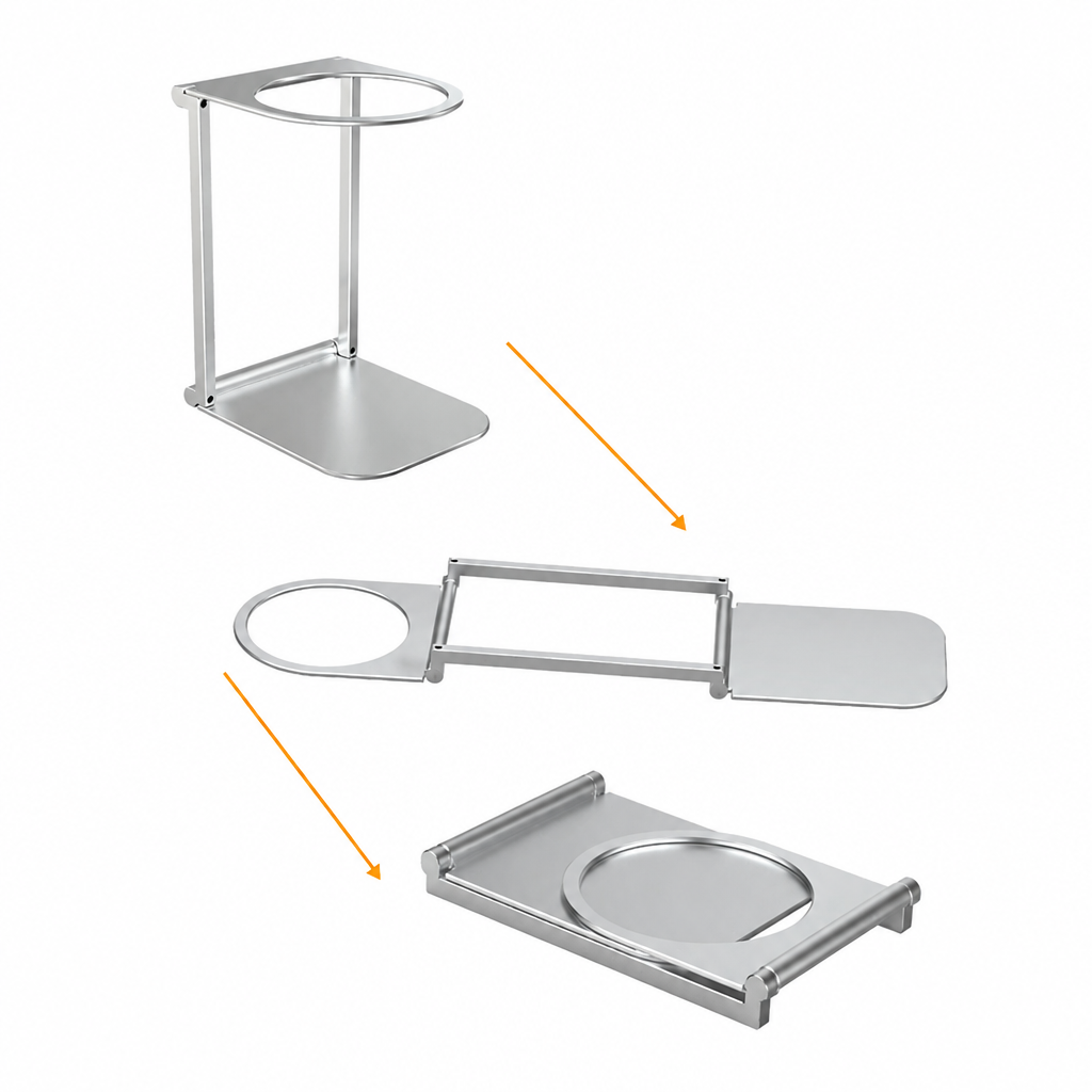 Aluminium koffiestandaard uitgevouwen en plat opgevouwen