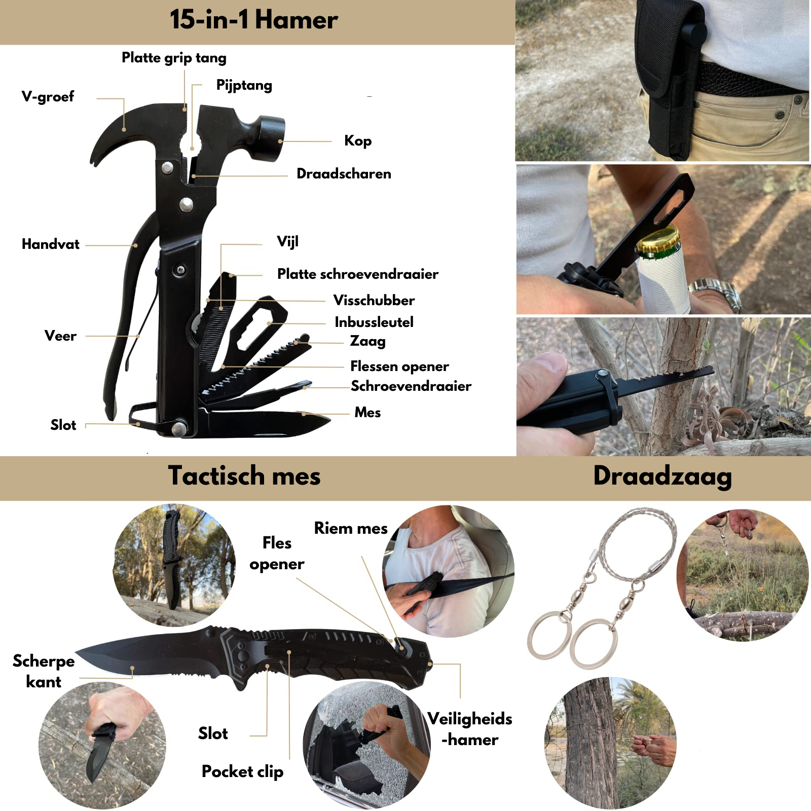 inhoud noodpakket met waterfilter, hamer, tactisch mes en draadzaag