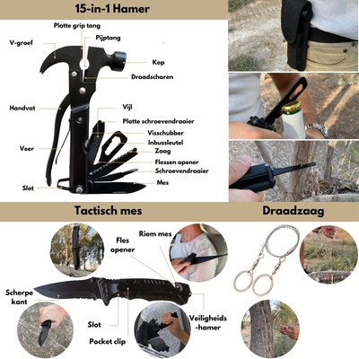 inhoud noodpakket met waterfilter, hamer, tactisch mes en draadzaag