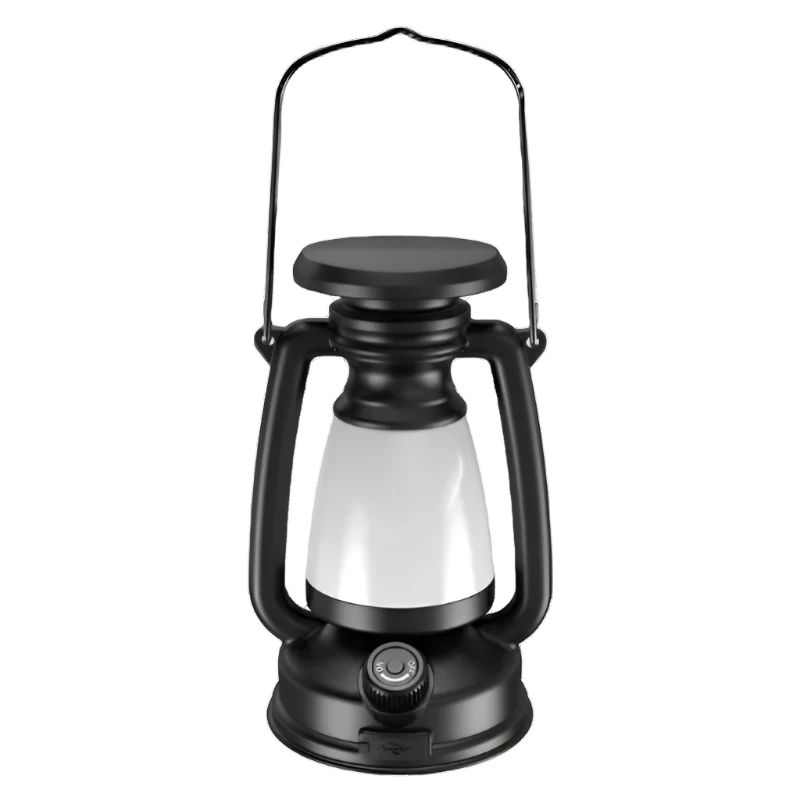 Wiederaufladbare Retro-LED-Campinglampe in Schwarz mit Henkel