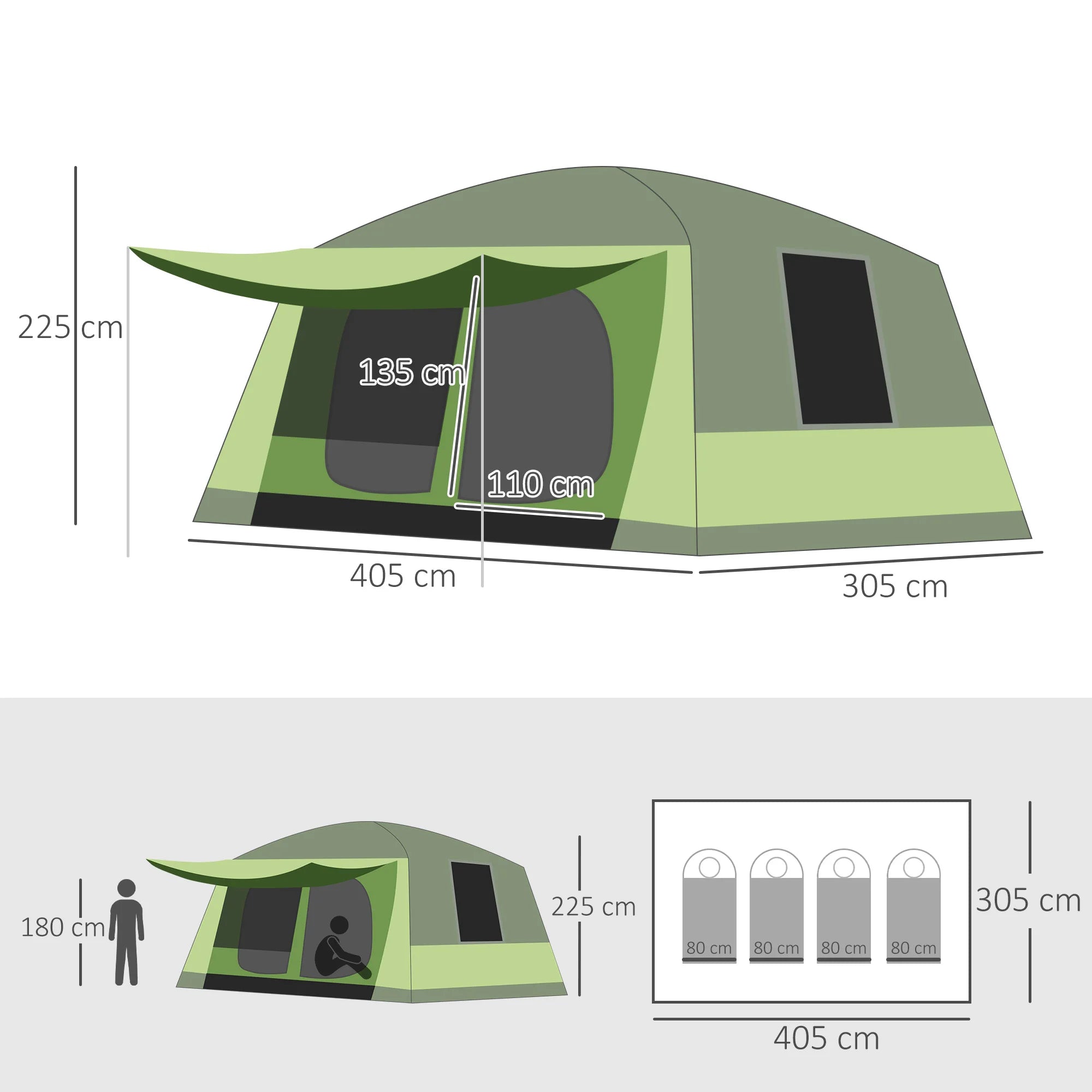 kampeertent voor 4 personen en voor 8 personen afmetingen