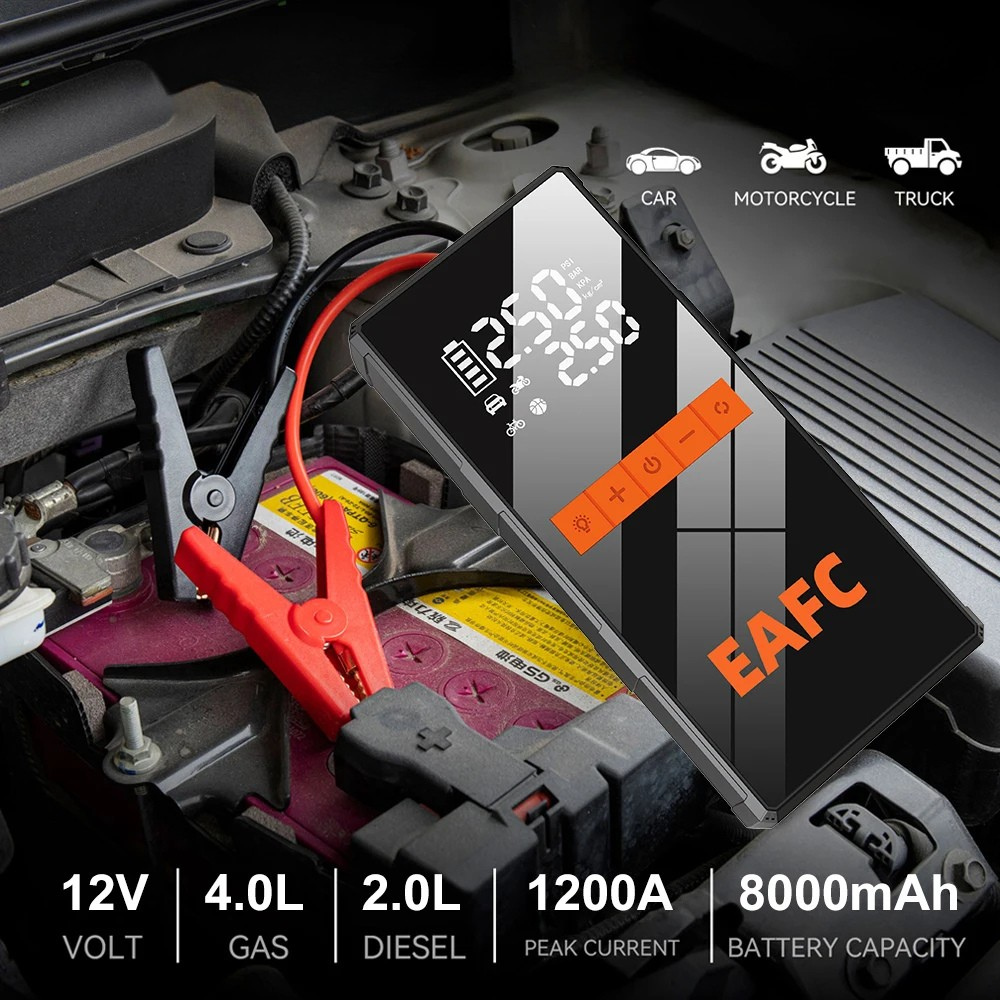 Jump starter with air compressor and LED light connected to a battery