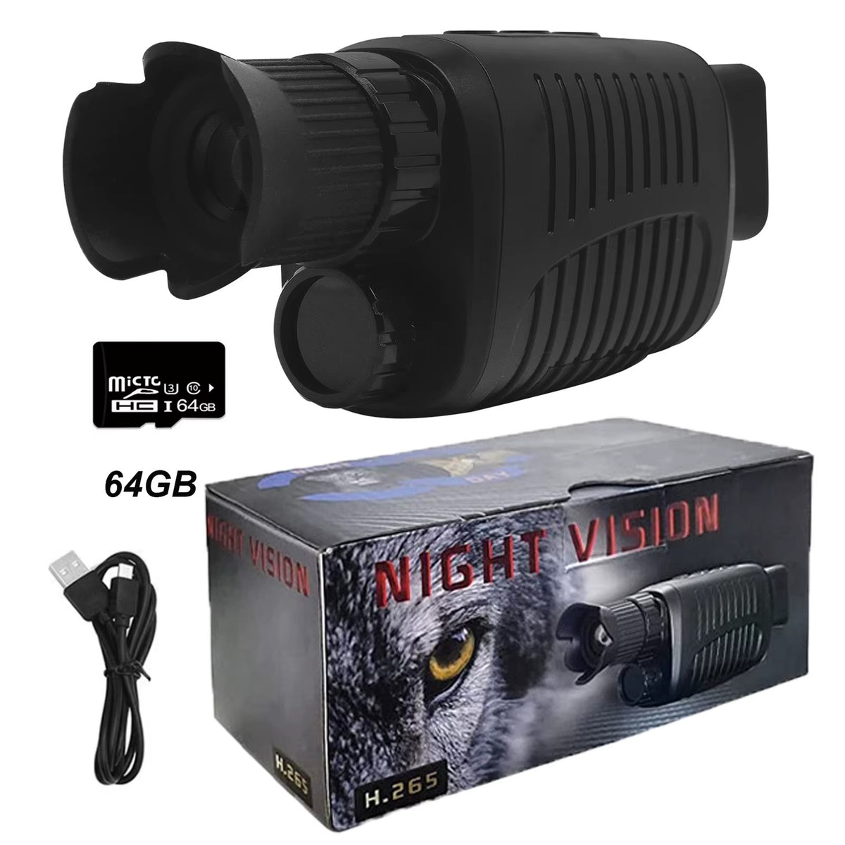 Night vision device with 64GB memory card, cable and packaging