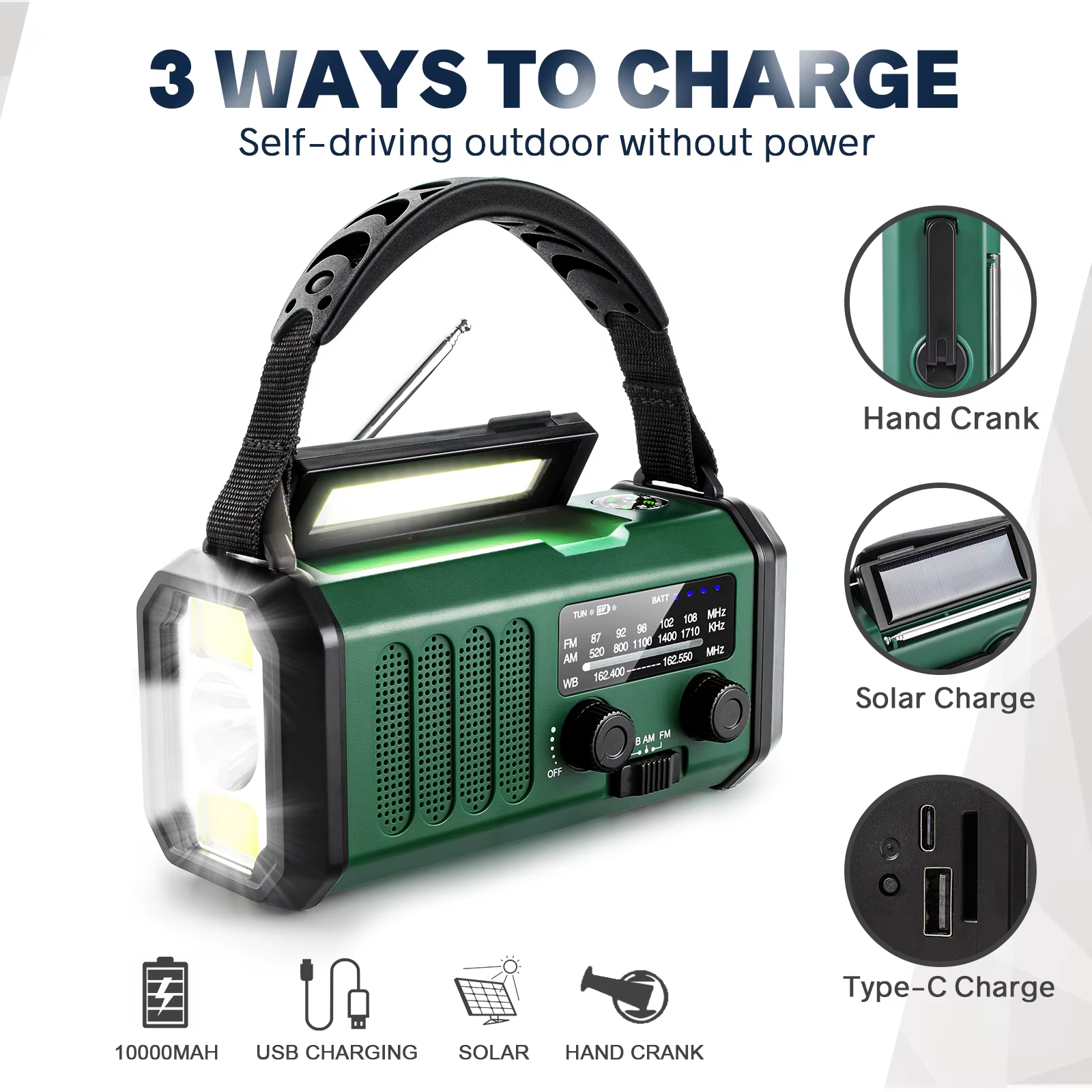 Emergency Radio Wind-Up and Solar Powered - Powerbank 10,000mAh Flashlight
