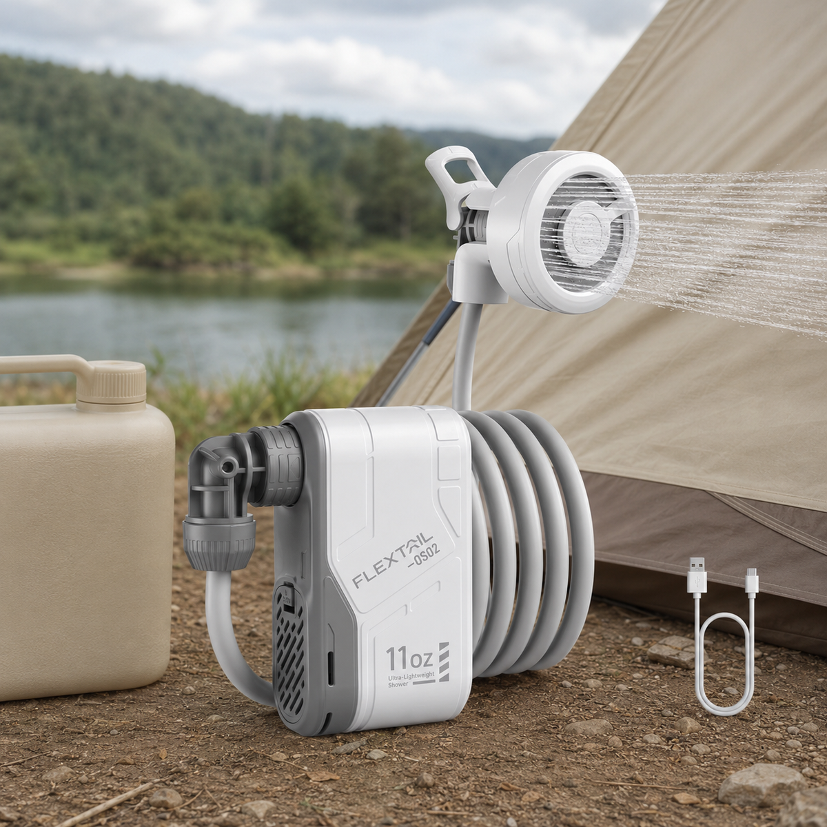 Draagbare MAX SHOWER campingdouche bij een tent en waterreservoir