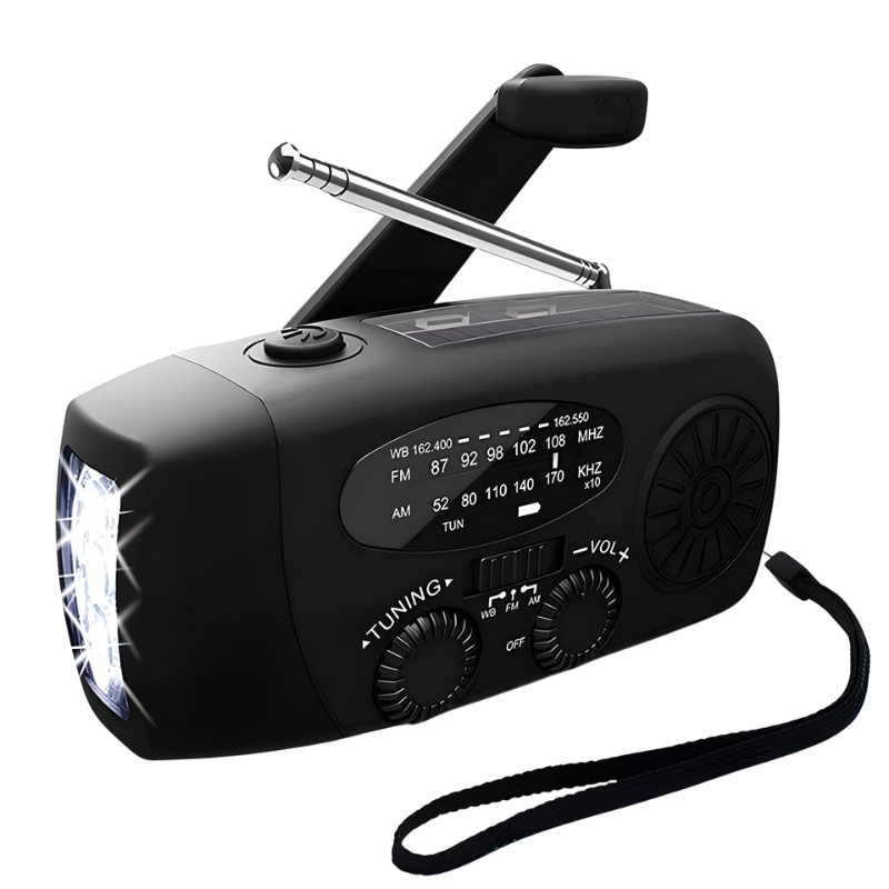 Zwarte opwindbare noodradio met zaklamp en zonnepaneel