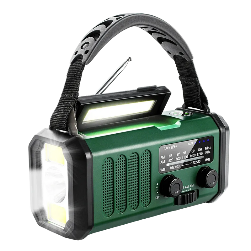 Noodradio Opwindbaar en Zonne-energie - Powerbank 10.000mAh Zaklamp