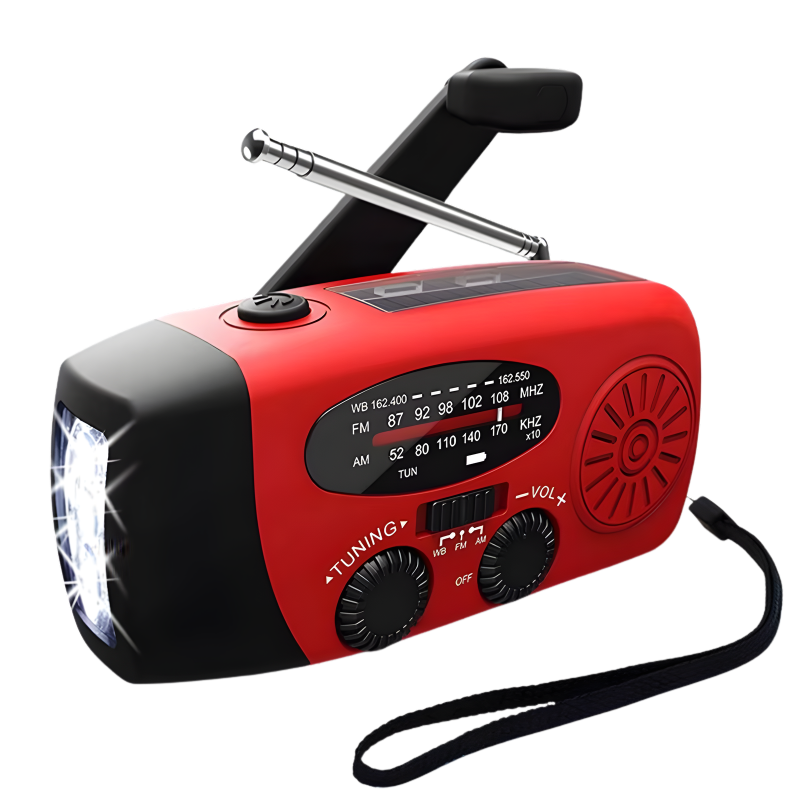 Noodradio met zaklamp, handzwengel en zonnepaneel uit het 72-Uur Crisis Noodpakket
