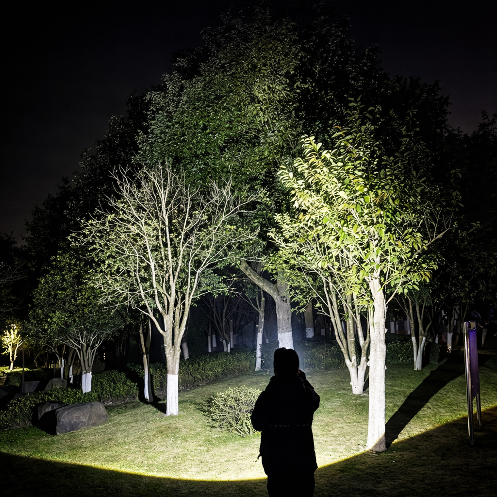LED-Taschenlampe beleuchtet einen Wald im Dunkeln