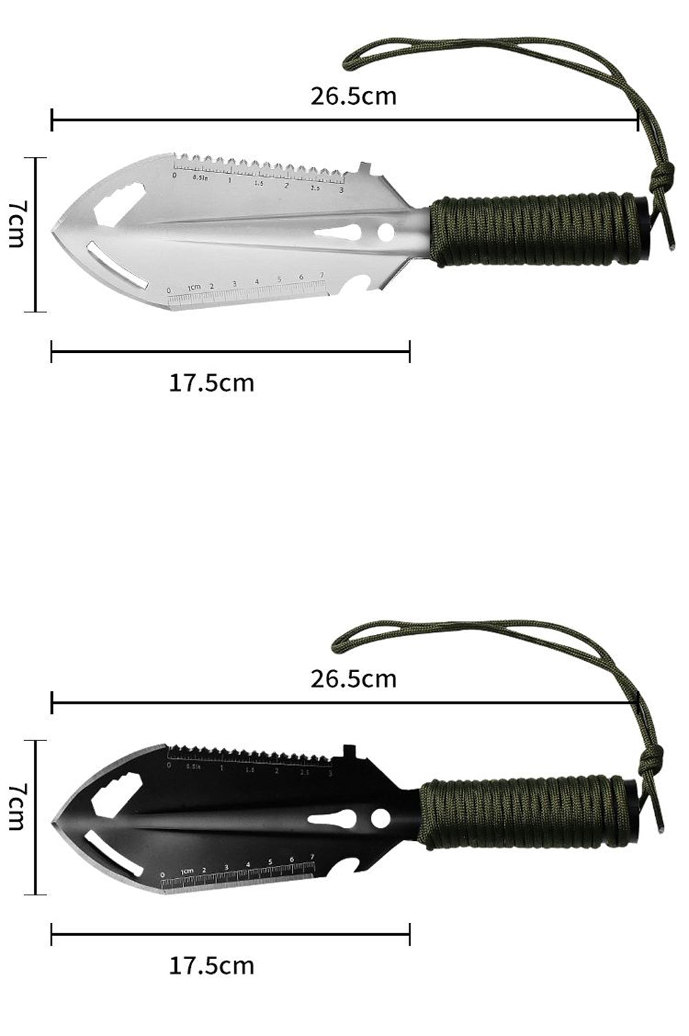 Silver and black outdoor shovel with dimensions