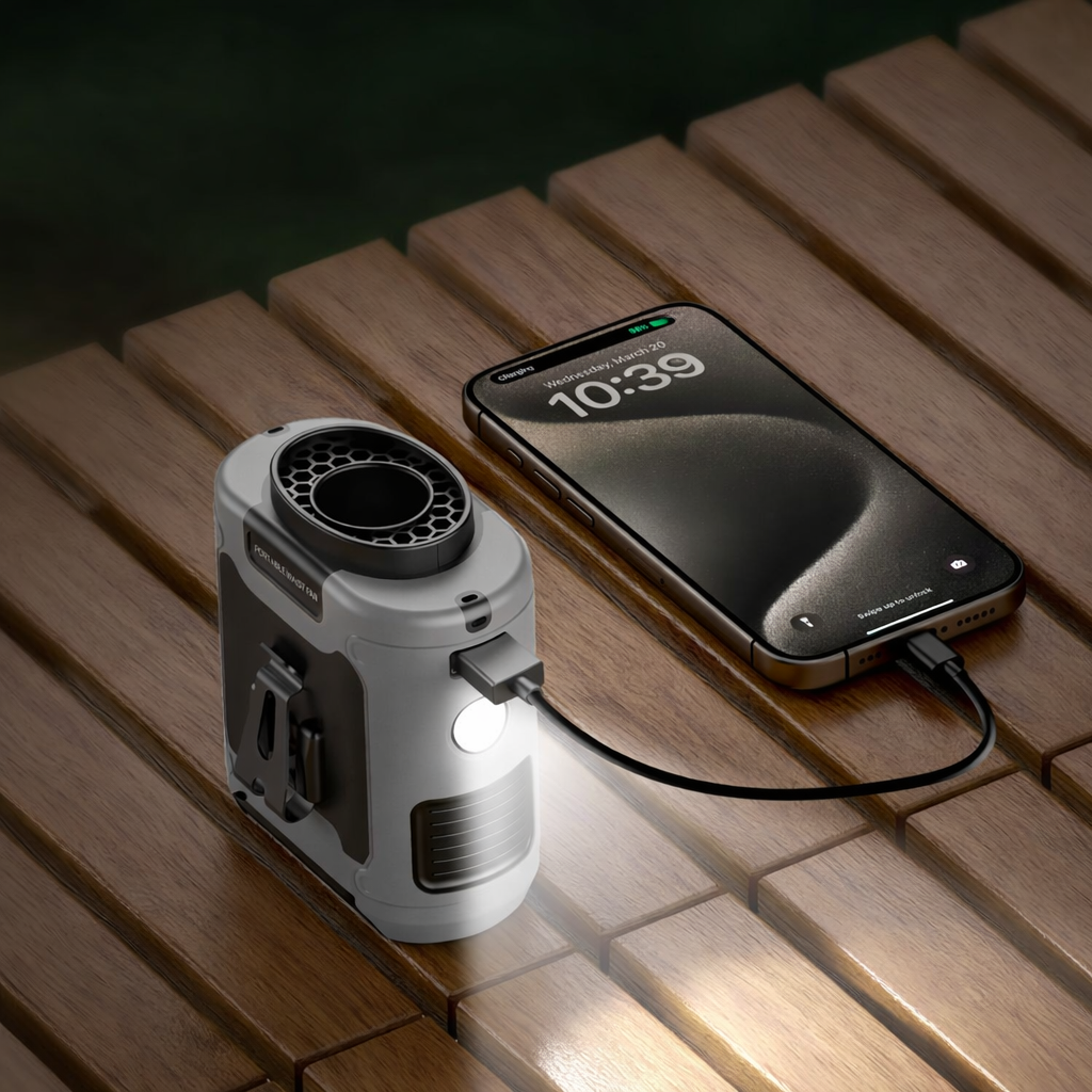 Tragbarer Ventilator lädt ein Telefon als Powerbank