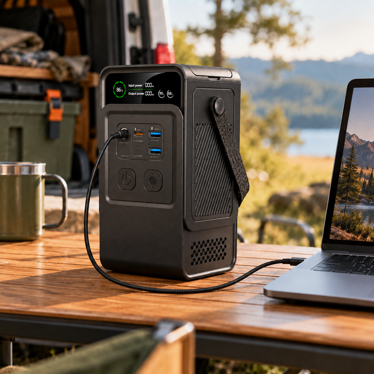Zwarte Powerstation 200W met laptop voor outdoor
