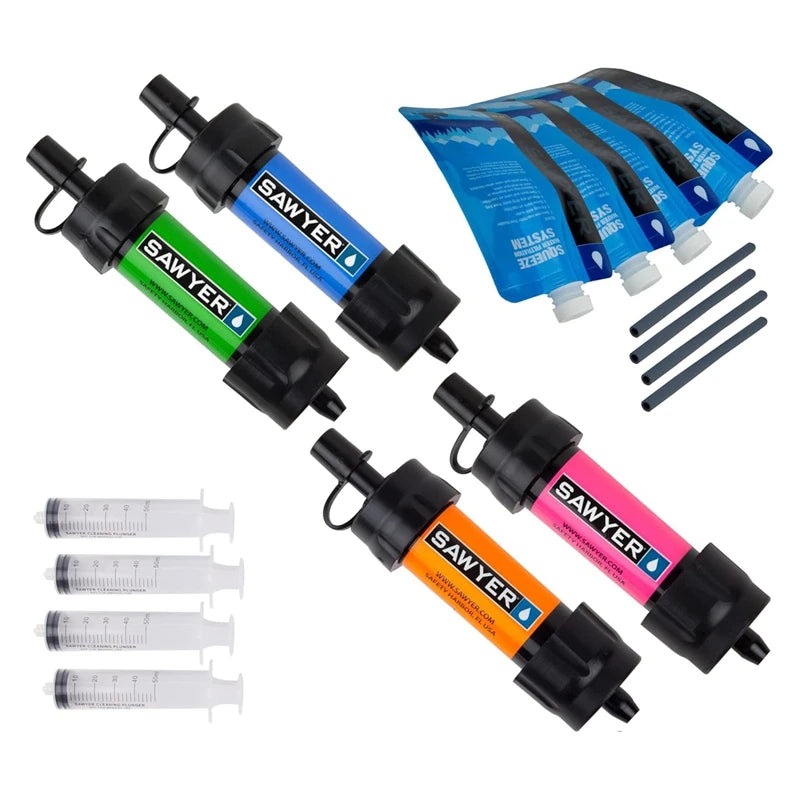 sawyer waterfilter in 4 kleuren, blauw, groen, roze en oranje
