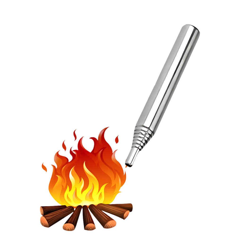 Stainless steel fire blowpipe used to fan a campfire