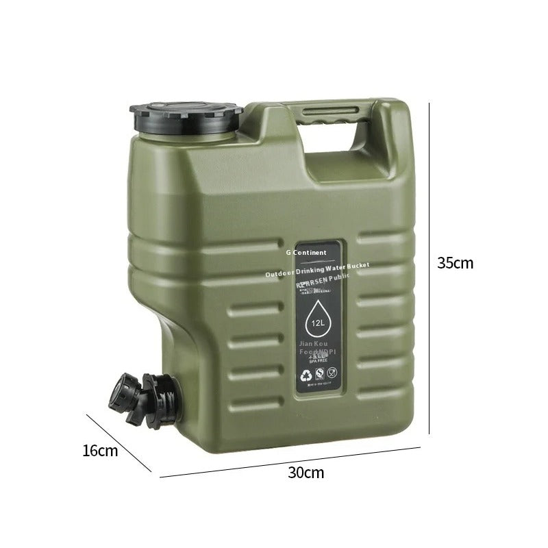 Legergroene waterjerrycan 12 liter met ribbels en kraan, 30 × 16 × 35 cm