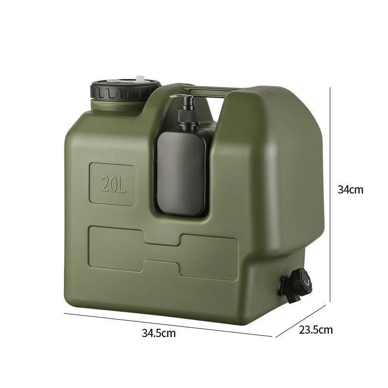 Legergroene waterjerrycan 20 liter met handgreep en kraan, 34,5 × 23,5 × 34 cm